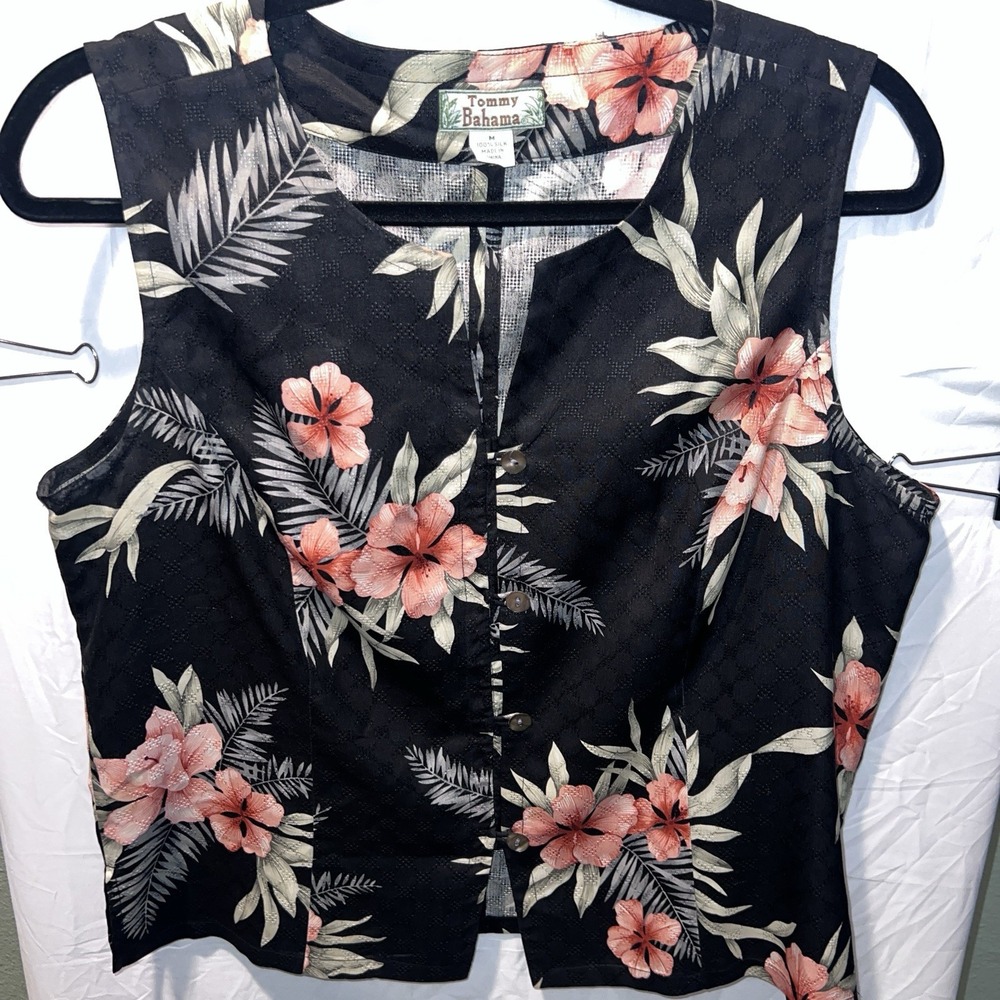 Tommy Bahama Hawaiian Top Women M Black Multi Floral 100% Silk Button Split V
